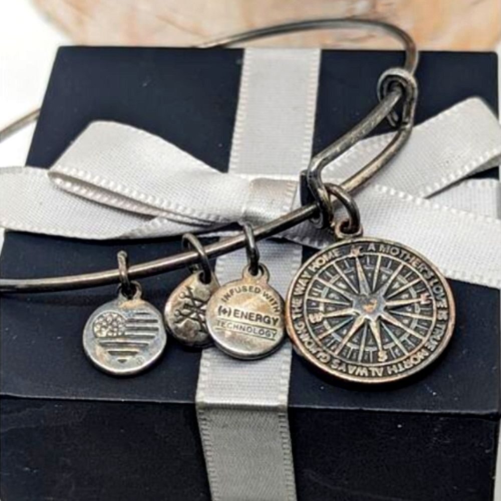 Alex And Ani 2018 "True Direction" Compass Heart Silver Tone Bangle Bracelet